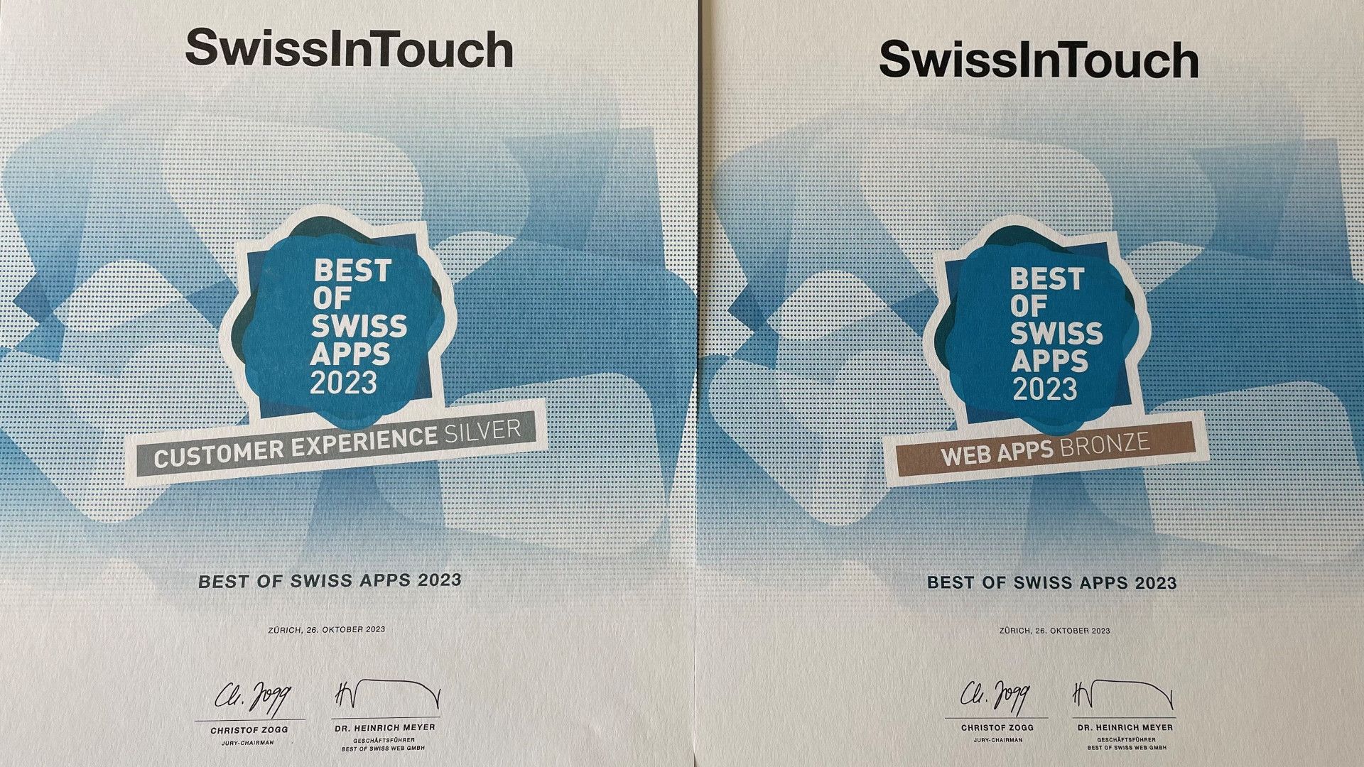 L'image montre les deux distinctions argent et bronze obtenues au Best of Swiss Apps Awards 2023..