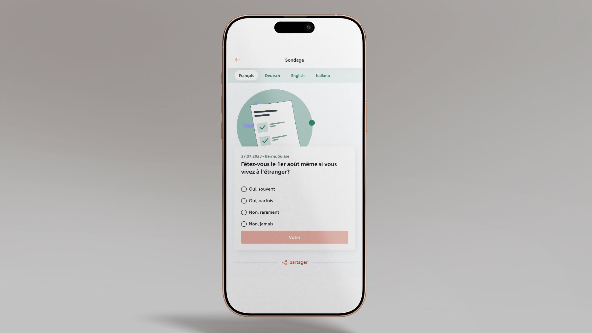 L’image montre un écran de smartphone affichant la fonction de sondage de l’application SwissInTouch.
